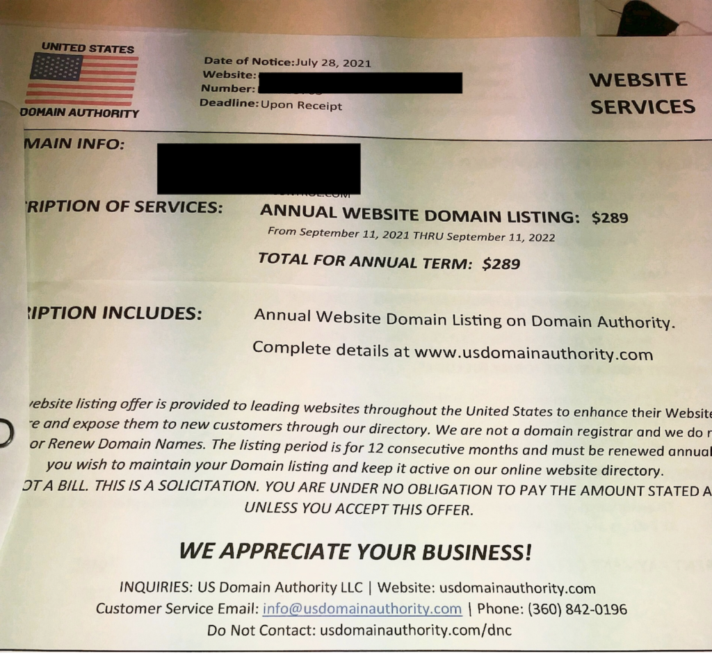 US Domain Authority sample letter