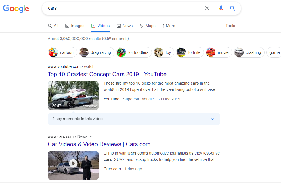 Google Video search results for keyword "car"