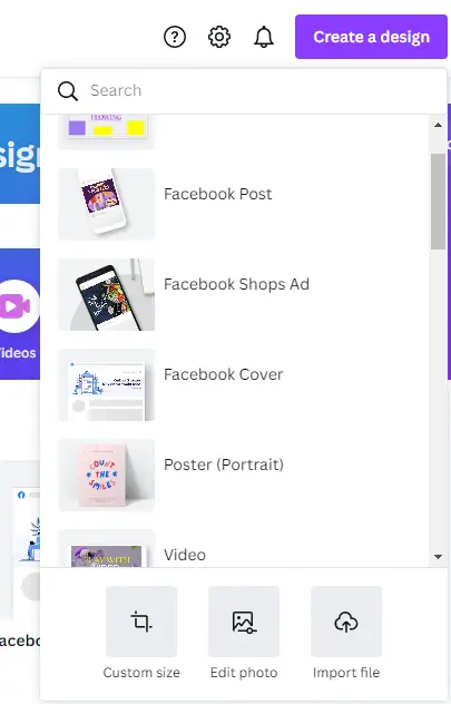 create custom Facebook ads size on canva