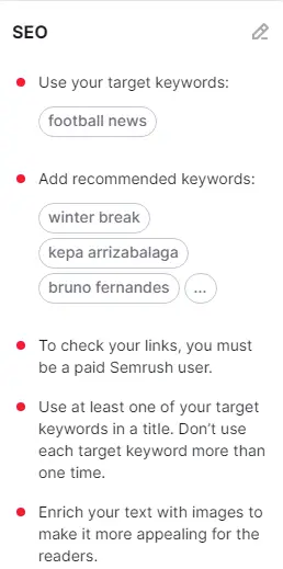 Keyword recommendation on SEMrush writing tool.